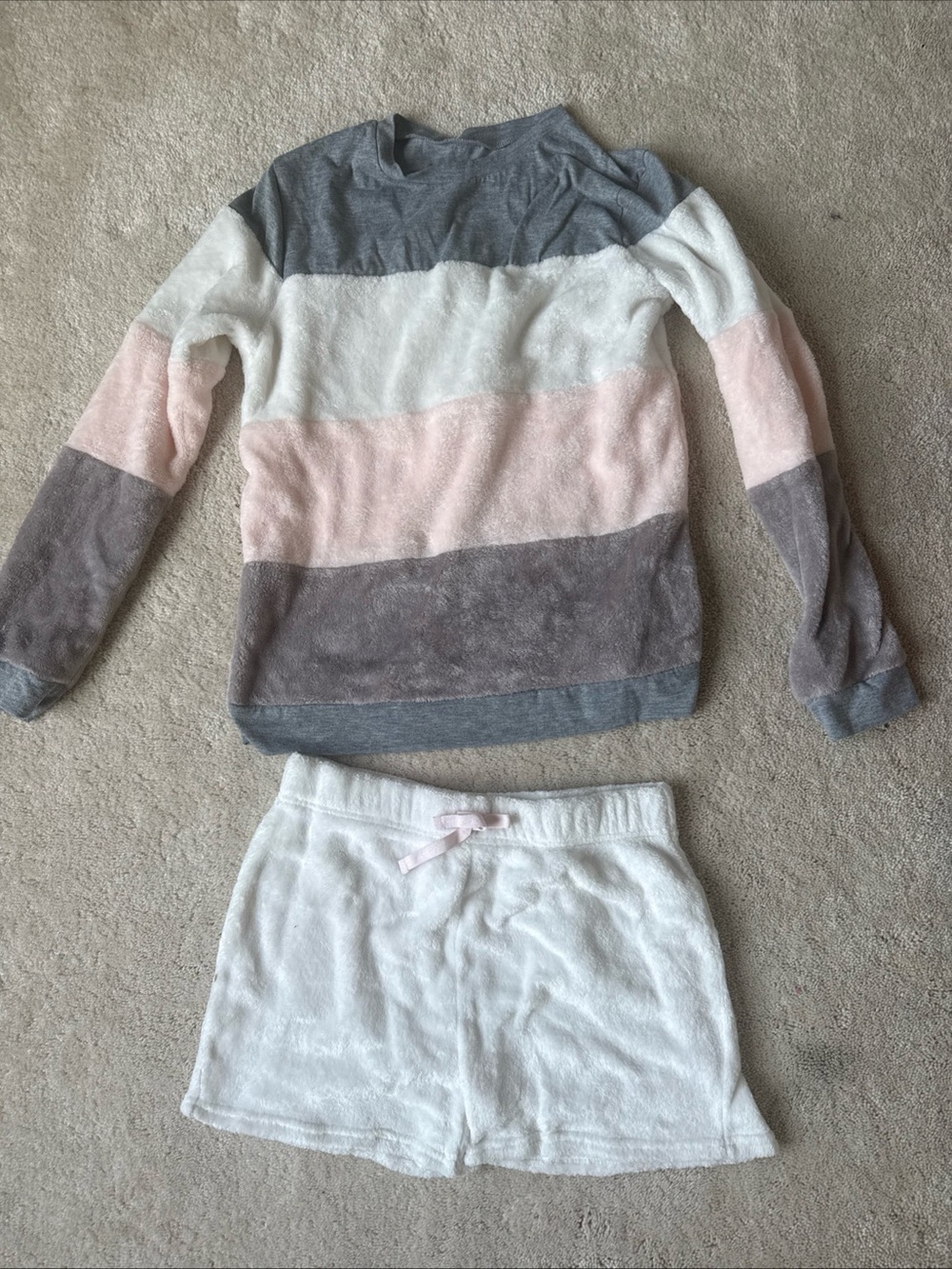 Cozy Striped Plush Loungewear Set in Grey, White & Blush pajamas